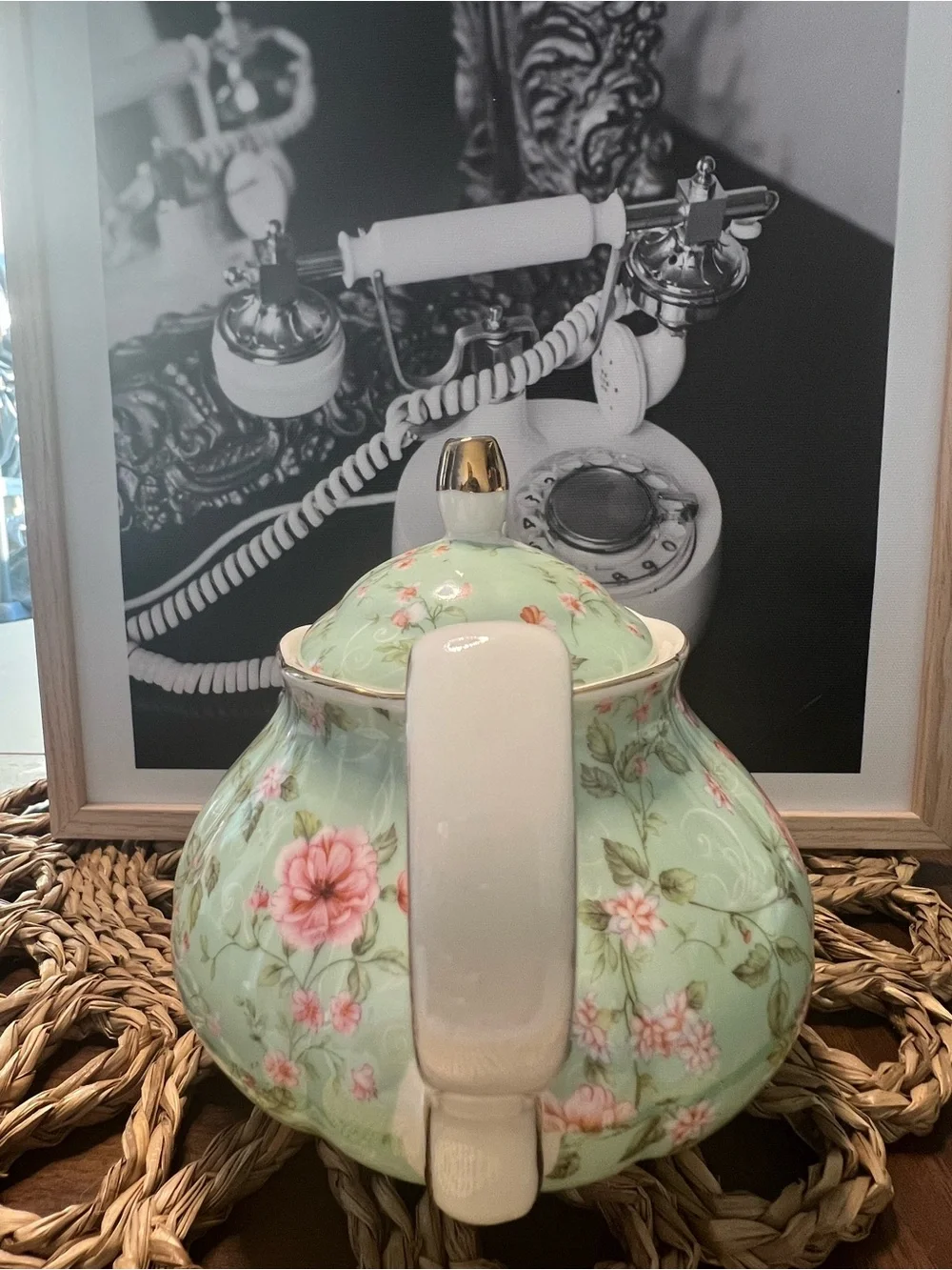 Vintage Floral Porcelain Teapot - Mint Green with Pink Flowers